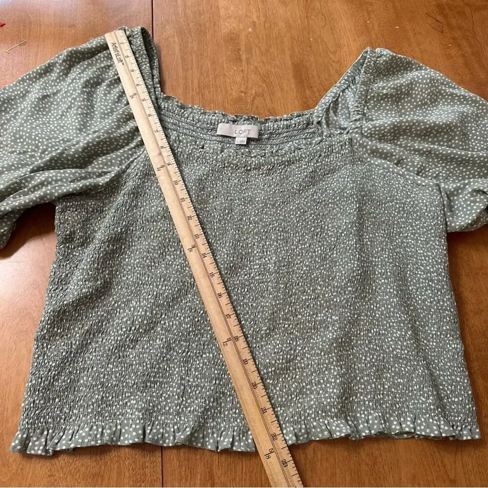 LOFT Smocked Blouse Womens L Olive Polka Dot Cottage Puff Sleeve Square Neck